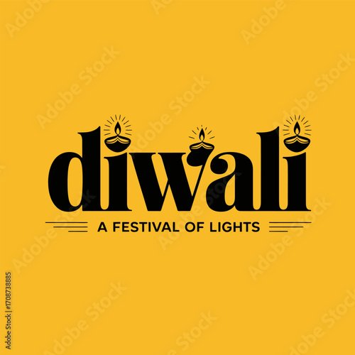 Diwali typography poster, bold black title, festival of lights caption, mustard background, vintage style branding, clean vector artwork
