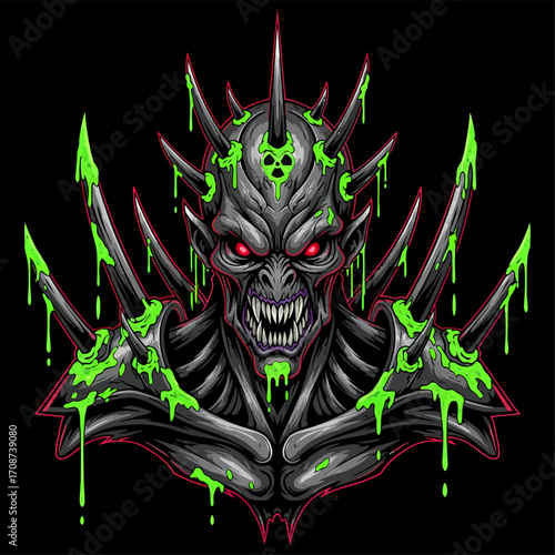Spiked Gray Demon with Glowing Red Eyes and Oozing Green Slime.