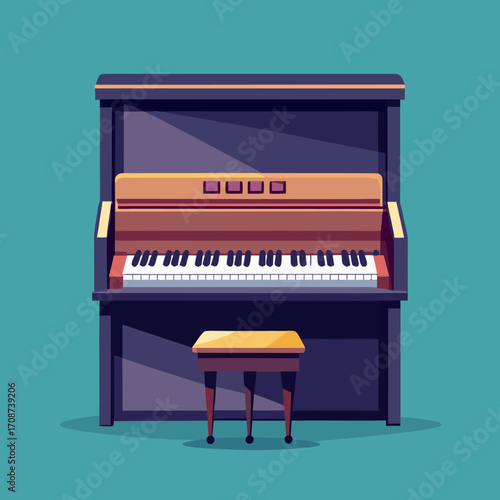 Flat vector illustration of upright piano with simple clean lines and minimal colors for icons apps and websites,
Upright Piano Vector Logo,
Minimal Piano Illustration,
Flat Piano App Icon
