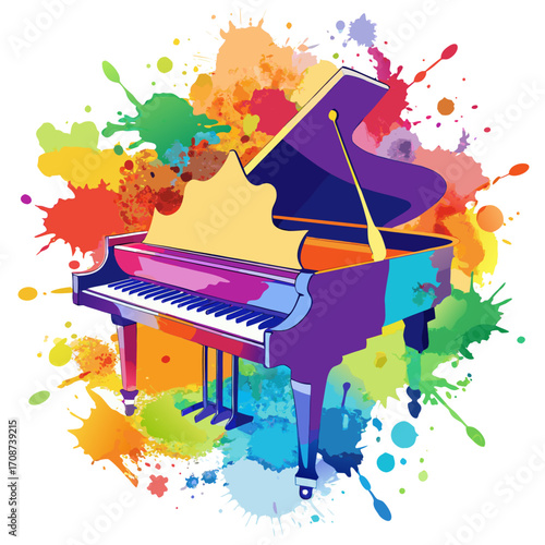 Colorful watercolor vector illustration of grand piano with artistic splashes and soft textures for posters and music art,
Watercolor Grand Piano Vector,
Artistic Piano Illustration,
Creative Music Po