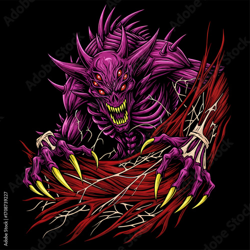 Spiked Purple Monster with Six Eyes and Yellow Claws Emerging from Red Tendrils.