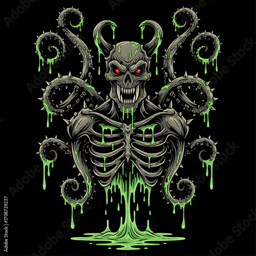 Spiked Tentacle Demon with Glowing Red Eyes and Dripping Green Slime.