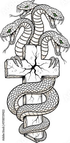 ThreeHeaded Snake Coiled Around a Cracked Stone Cross with Visible Fangs.