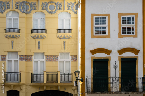 Close-up of traditional apartment building facades in Elvas in Portugal