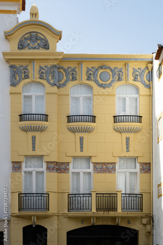 Close-up of traditional apartment building facades in Elvas in Portugal
