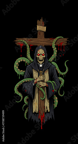 Undead Priest with Glowing Red Eyes Embracing a BloodStained Cross and Tentacles.