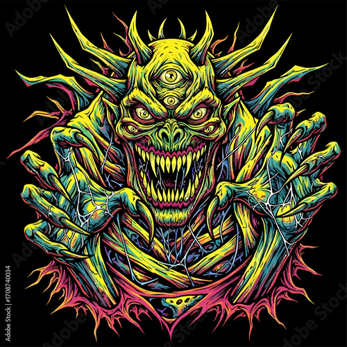 Vividly Rendered ThreeEyed Demon with Spiked Horns and Sinister Grin.