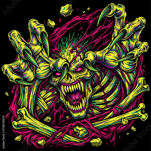 Vividly Colored Undead Creature with Bared Fangs and Skeletal Remains.