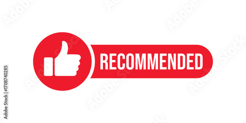 Recommended text with thumbs up symbol. Recommended badges vector templates. Best choice badge for positive feedback. Recommended banner with thumbs up vector illustration