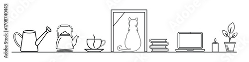 continuous one line drawing of vector watering can kettle cup window cat books laptop candle plant black and white sketch interior wall art printable design illustration