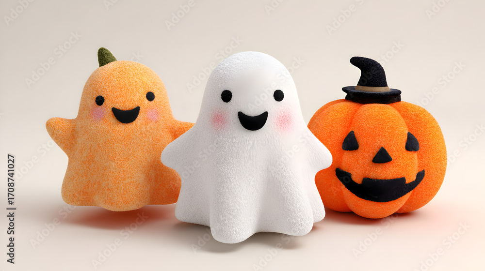 Obraz premium Adorable trio of fluffy Halloween characters, a white ghost and two cheerful pumpkins, ready for spooky season fun and festive decorations.