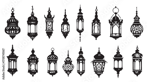 Collection of islamic lanterns vector silhouette ramadan kareem arabic lamp eid mubarak design set vector art