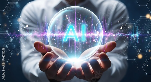 Artificial intelligence crystal ball held in hands