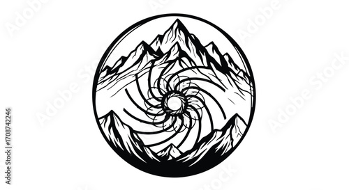 Mysterious vortex of light amidst rugged mountain peaks in a circular emblem