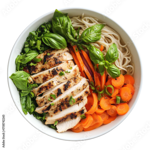 Grilled Chicken and Vegetable Noodle Bowl with Fresh Basil and Carrots on transparent background