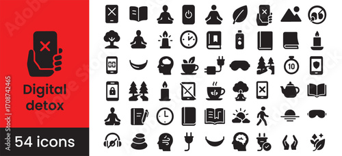 Digital detox icon set for mindfulness, wellness, and health; unplug and relax with meditation for mental wellbeing. This collection includes symbols for nature, reading, and disconnecting 