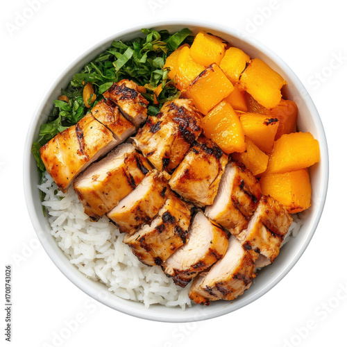Grilled Chicken Rice Bowl with Mango and Greens, Fresh and Flavorful Meal for Lunch or Dinner on transparent background