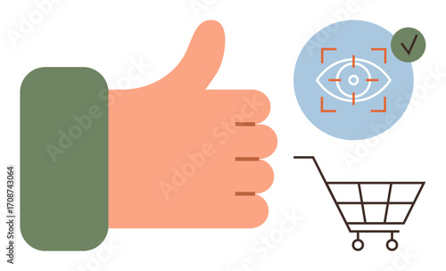 Hand giving thumbs-up alongside eye tracking icon and shopping cart. Ideal for retail, customer feedback, e-commerce, marketing, consumer trust, shopping behavior, and approvals. Simple flat metaphor