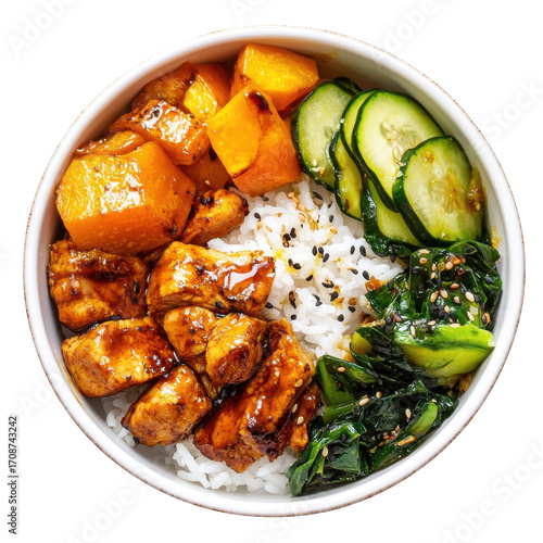 Colorful Asian Chicken Rice Bowl with Vegetables and Sesame Dressing on transparent background