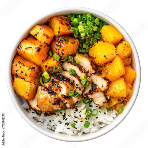 Grilled Chicken Bowl with Roasted Pumpkin and Rice, Topped with Green Onions and Sesame Seeds on transparent background
