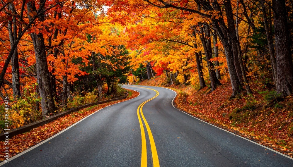 Obraz premium A scenic winding road through a vibrant fall forest, an ideal autumn journey background with ample copy space for text