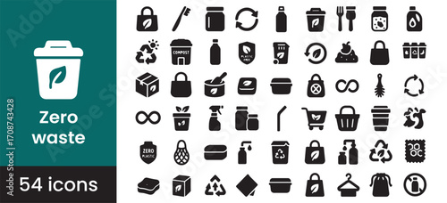 Zero waste and eco lifestyle icon set for a sustainable and green environment, featuring reusable, plastic-free, and recycle symbols for conscious consumption and an earth-friendly life.

