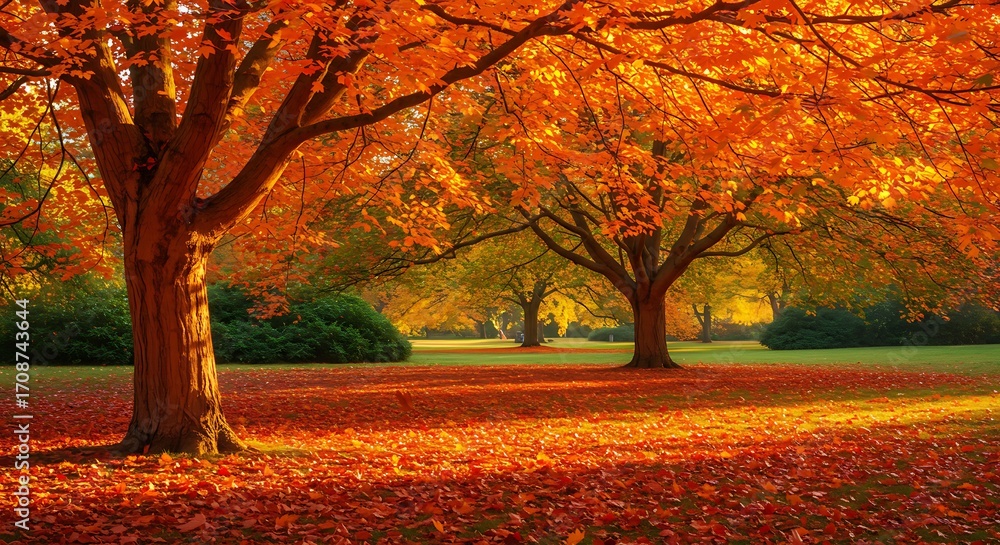 Fototapeta premium Vibrant autumn park with trees and fallen leaves