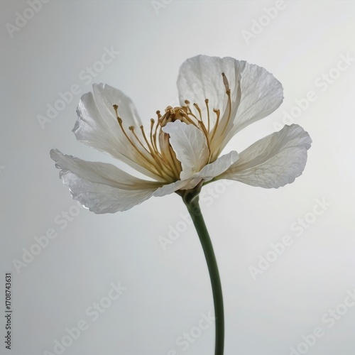 White flower with delicate petals standing against a plain background in soft lighting during a quiet moment of nature