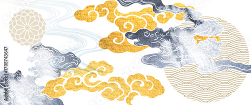 Hand drawn cloud with grey  Japanese cloud pattern vector. Oriental decoration with logo design, flyer, banner or presentation in vintage style. Watercolor texture.