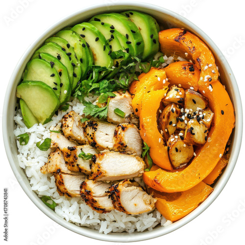 Grilled Chicken Rice Bowl with Avocado, Bell Peppers, and Cucumbers in a Fresh, Healthy Meal Setting on transparent background