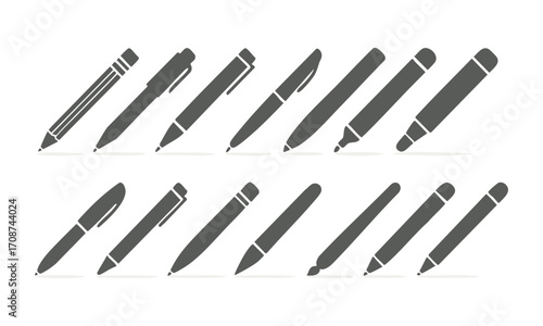 Writing Instruments Silhouette Icon Set Pens, Pencils, Markers Flat Vector illustration, easily editable and scalable.