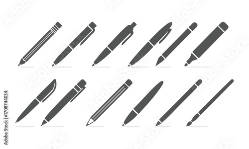 Writing Instruments Silhouette Icon Set Pens, Pencils, Markers Flat Vector illustration, easily editable and scalable.
