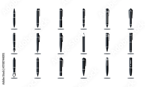 Writing Instruments Silhouette Icon Set Pens, Pencils, Markers Flat Vector illustration, easily editable and scalable.