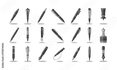 Writing Instruments Silhouette Icon Set Pens, Pencils, Markers Flat Vector illustration, easily editable and scalable.