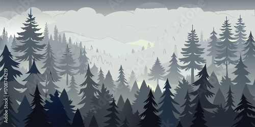 Misty grey forest landscape with layered mountains and cloudy sky nature trees