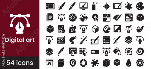 Digital art and graphic design icon set featuring creative vector software tools for illustration projects, including pen, brush, and tablet symbols for artists.

