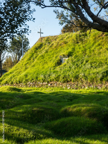Green roof of traditional turf church in Hof, Iceland