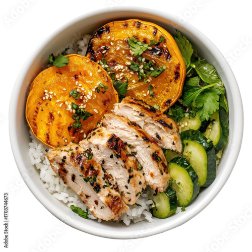 Grilled Chicken Bowl with Rice, Grilled Squash, and Fresh Cucumbers in a Wholesome Meal Setting on transparent background