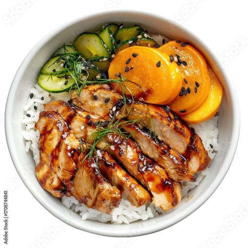 Delicious Grilled Chicken Bowl with Rice, Fresh Vegetables, and Sweet Peaches in a Bright, Appetizing Setting on transparent background
