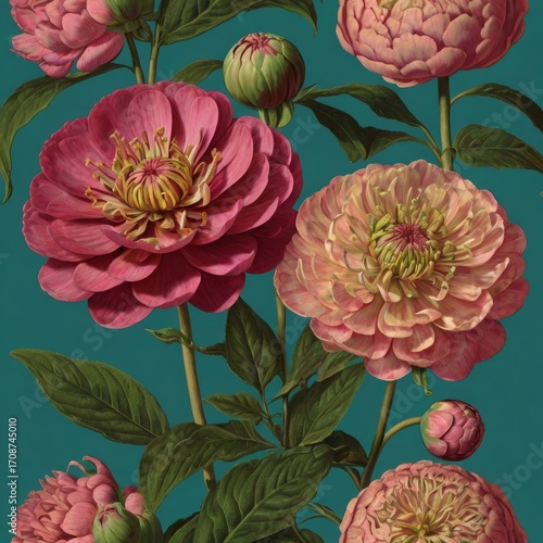 Colorful peony flowers bloom with green leaves against a solid background during daytime