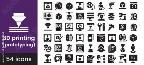 3D printing icon set for technology and manufacturing, featuring a printer, 3D model, and prototype symbols for engineering design. Solid glyph icons illustrate additive manufacturing, rapid prototype