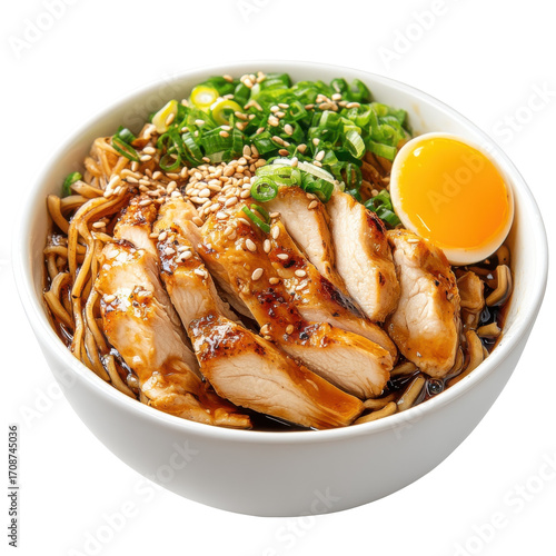Delicious Chicken Ramen Bowl with Soft Boiled Egg and Green Onions, Perfect for a Comforting Meal on transparent background