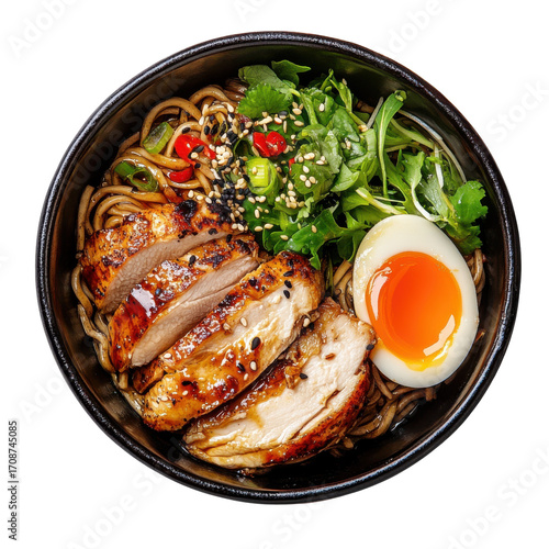 Delicious Grilled Chicken Soba Bowl with Soft-Boiled Egg and Fresh Vegetables in a Black Bowl on transparent background