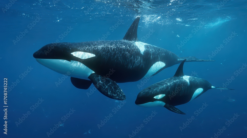 Fototapeta premium Stunning Moment of an Orca Mother and Calf Swimming Gracefully in the Ocean Blue Ideal for NatureFocused Projects, Evoking Tranquility and Inspiring Awe.