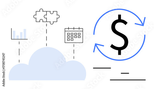 Cloud platform highlighted with data graphs, puzzle pieces, calendar, and dollar sign symbolizing automation, integration, and recurring payments. Ideal for business, finance, analytics SaaS