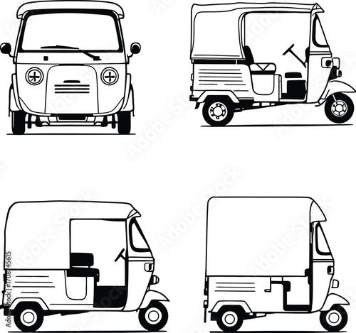 Four views of a black and white auto rickshaw illustration on a white background in a square layout silhouette