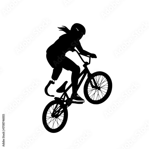 Dynamic amputee cyclist mastering stunts on BMX bike, embracing freedom and athletic achievement with determination