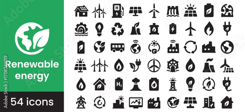 Renewable energy icon set for eco and sustainable green power sources like solar and wind. This solid glyph collection for the environment includes symbols for clean energy, conservation, and ecology