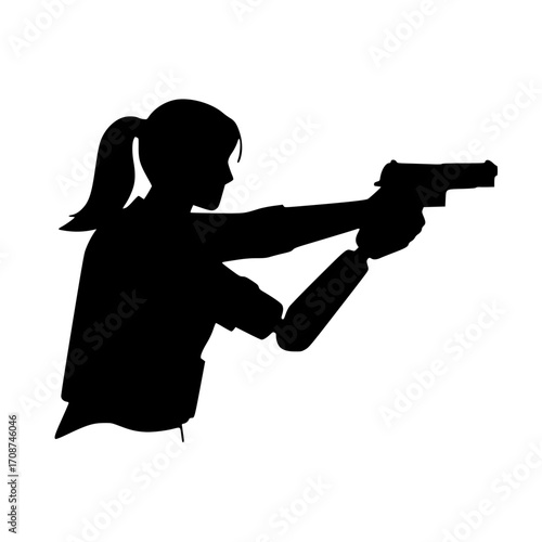 Determined woman in silhouette aims pistol with focus, embodying strength and precision in action