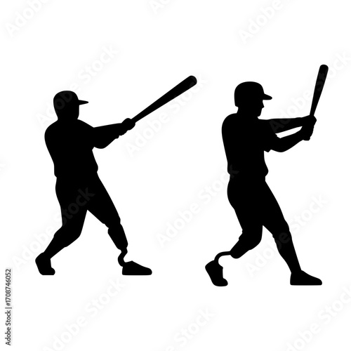 Dynamic baseball player silhouettes swinging bats with prosthetic legs showcasing athletic resilience and determination